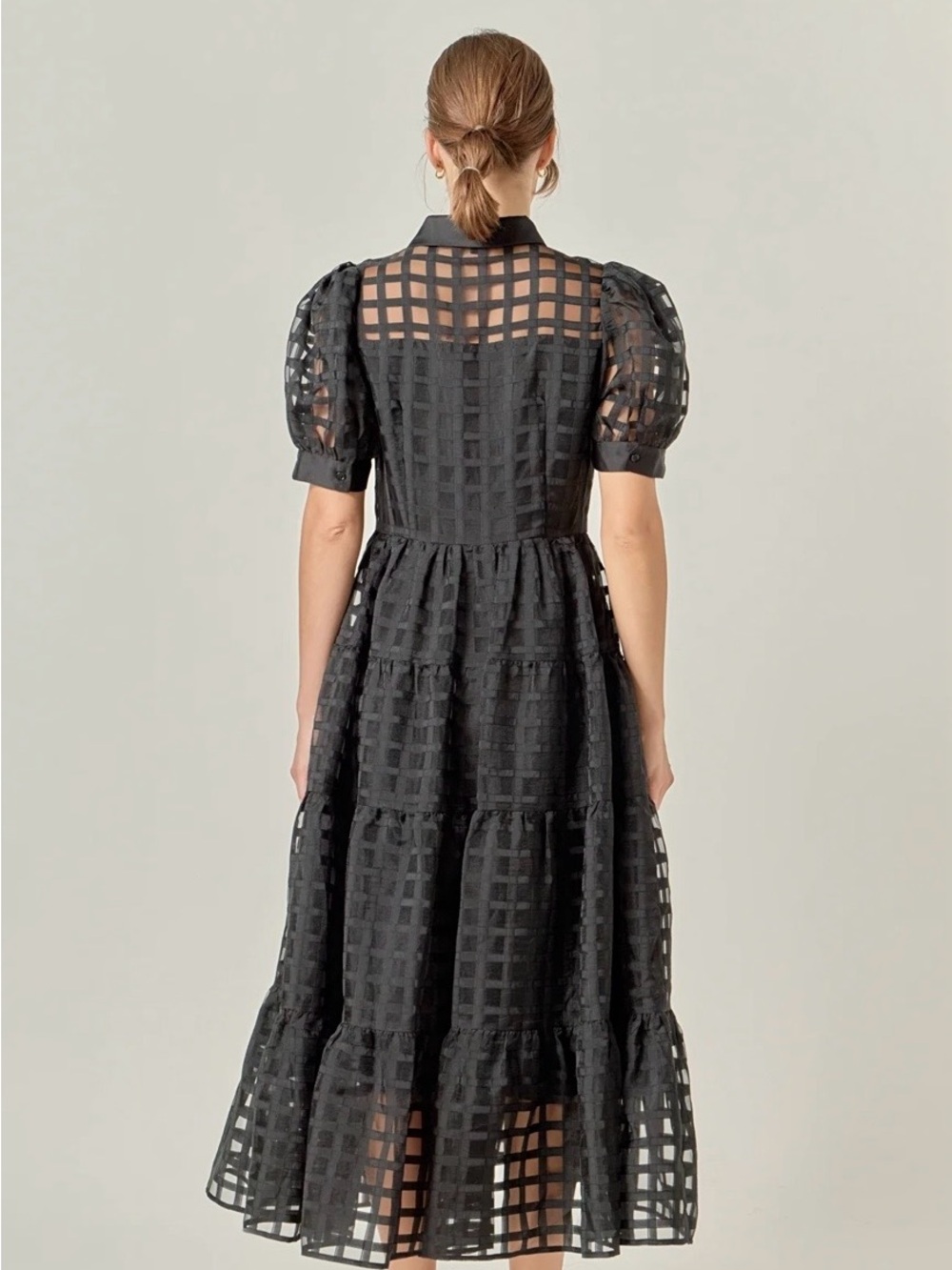 English Factory Black Checkered Sheer Tiered Maxi with Puff Sleeves - Picture 2 of 3